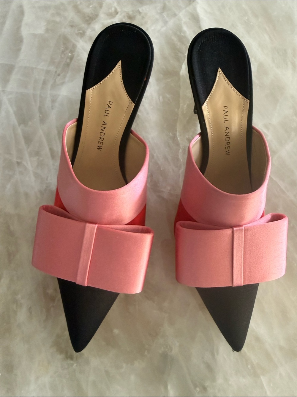 Paul Andrew Black Pointed-Toe Slide Mules with Pink Bow